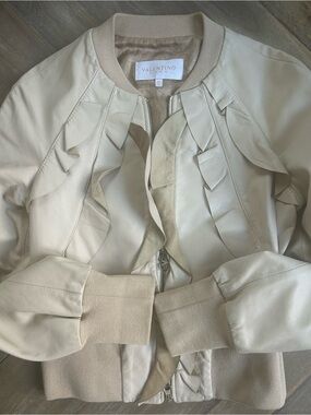 Valentino Roma Soft Ruffled Cream Leather Bomber Jacket